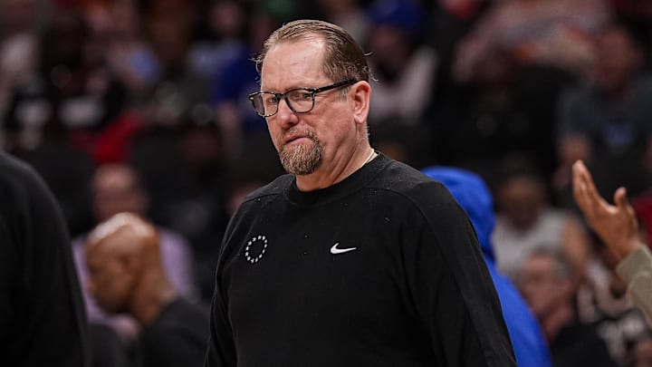 Mar 7, 2026; Atlanta, Georgia, USA; Philadelphia 76ers Head Coach Nick Nurse on the sideline during the game against the Atlanta Hawks during the first half at State Farm Arena. Mandatory Credit: Dale Zanine-Imagn Images