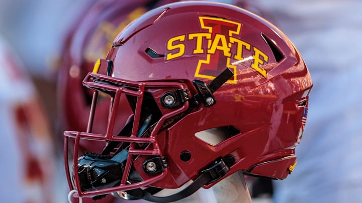 Nov 9, 2024; Kansas City, Missouri, USA; Iowa State Cyclones helmets on the bench during the first quarter against the Kansas Jayhawks at GEHA Field at Arrowhead Stadium. Nov 9, 2024; Kansas City, Missouri, USA; Iowa State Cyclones helmets on the bench during the first quarter against the Kansas Jayhawks at GEHA Field at Arrowhead Stadium.