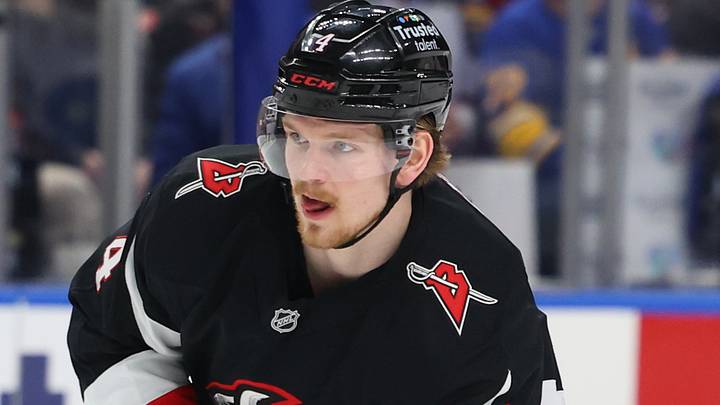 Apr 6, 2026; Buffalo, New York, USA;  Buffalo Sabres defenseman Bowen Byram (4) looks to make a pass during the second period against the Tampa Bay Lightning at KeyBank Center. Mandatory Credit: Timothy T. Ludwig-Imagn Images