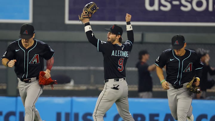 Sep 13, 2025; Minneapolis, Minnesota, USA; Arizona Diamondbacks right fielder Corbin Carroll (7) and left fielder Blaze Alexander (9) and center fielder Jorge Barrosa (1) celebrate the win over the Minnesota Twins after 10 innings at Target Field. Mandatory Credit: Bruce Kluckhohn-Imagn Images Sep 13, 2025; Minneapolis, Minnesota, USA; Arizona Diamondbacks right fielder Corbin Carroll (7) and left fielder Blaze Alexander (9) and center fielder Jorge Barrosa (1) celebrate the win over the Minnesota Twins after 10 innings at Target Field. Mandatory Credit: Bruce Kluckhohn-Imagn Images