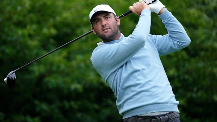 Scottie Scheffler tees off on No. 2 during the Workday Golden Bear Pro-Am at Muirfield Village Golf Club in Dublin, Ohio on May 28, 2025.