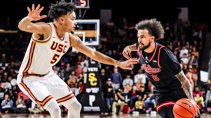 Indiana basketball guard Tayton Conerway drives to the rim Feb. 3, 2026, against USC at the Galen Center in Los Angeles.