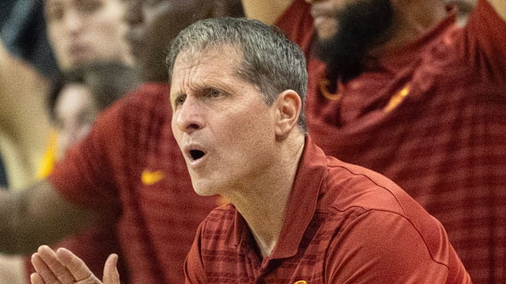 USC coach Eric Musselman cheers his team during the first half against Oregon at Matthew Knight Arena Saturday, March 1, 2025.