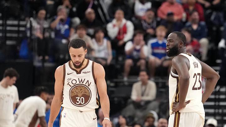 Jan 5, 2026; Inglewood, California, USA; Golden State Warriors guard Stephen Curry (30) and forward Draymond Green (23) react against the LA Clippers in the second half at Intuit Dome. Mandatory Credit: Kirby Lee-Imagn Images
