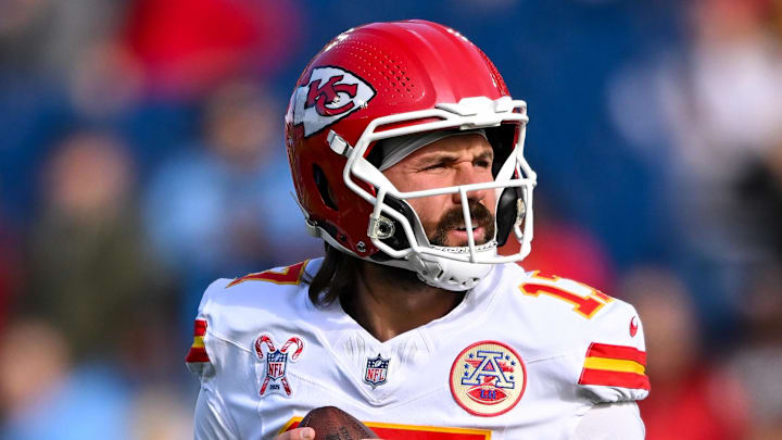 Dec 21, 2025; Nashville, Tennessee, USA;  Kansas City Chiefs quarterback Gardner Minshew (17) throws a pass against the Tennessee Titans during pre-game warmups at Nissan Stadium. Mandatory Credit: Steve Roberts-Imagn Images
