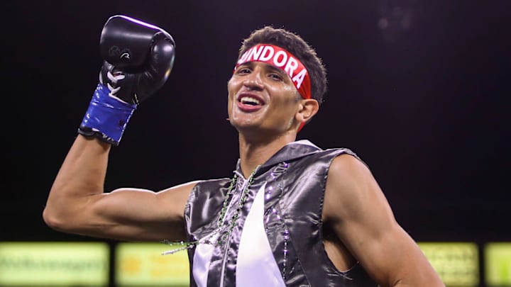 Sebastian Fundora pumps his fist as he gets ready to face Brian Mendoza in their interim WBC world super welterweight title fight at Dignity Health Sports Park in Carson, Calif., Saturday, April 8, 2023.