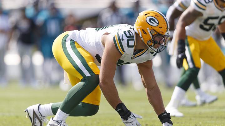 Oct 27, 2024; Jacksonville, Florida, USA; Green Bay Packers defensive lineman Lukas Van Ness (90) waits for the snap against the Jacksonville Jaguars during the second quarter at EverBank Stadium. Mandatory Credit: Morgan Tencza-Imagn Images Oct 27, 2024; Jacksonville, Florida, USA; Green Bay Packers defensive lineman Lukas Van Ness (90) waits for the snap against the Jacksonville Jaguars during the second quarter at EverBank Stadium. Mandatory Credit: Morgan Tencza-Imagn Images