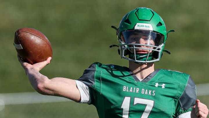 Blair Oaks all-state senior quarterback accounted for six touchdowns on Friday and guided the No. 15 Falcons to a 44-26 victory over No. 5 Lutheran North at Blair Oaks High School in Wardsville.