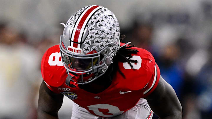 Dec 31, 2025; Arlington, TX, USA; Ohio State Buckeyes linebacker Arvell Reese (8) gets into position during the 2025 Cotton Bowl and quarterfinal game of the College Football Playoff at AT&T Stadium. Mandatory Credit: Jerome Miron-Imagn Images