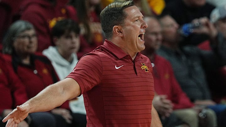 Iowa State Cyclones men's basketball head coach T.J. Otzelberger calls a play from the bench against Alcorn State Braves during the first half on Dec. 3, 2025, at Hilton Coliseum, in Ames, Iowa. Iowa State Cyclones men's basketball head coach T.J. Otzelberger calls a play from the bench against Alcorn State Braves during the first half on Dec. 3, 2025, at Hilton Coliseum, in Ames, Iowa.