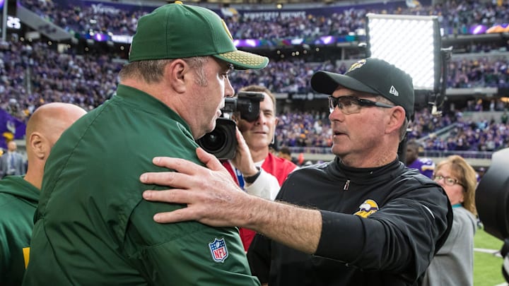 Oct 15, 2017; Minneapolis, MN, USA; Green Bay Packers head coach Mike McCarthy (right) and Minnesota Oct 15, 2017; Minneapolis, MN, USA; Green Bay Packers head coach Mike McCarthy (right) and Minnesota
