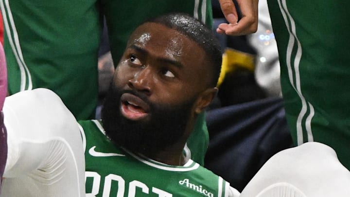 Apr 21, 2026; Boston, Massachusetts, USA; Boston Celtics guard Jaylen Brown (7) crashes into the bench in the first half of a game two of the first round against the Philadelphia 76ers of the 2026 NBA Playoffs at TD Garden. Mandatory Credit: Brian Fluharty-Imagn Images
