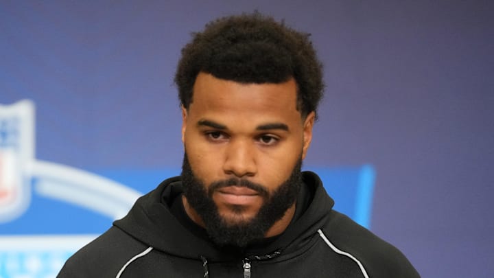 Feb 25, 2026; Indianapolis, IN, USA; Miami defensive lineman Akheem Mesidor (DL51) speaks during the NFL Scouting Combine at the Indiana Convention Center. Mandatory Credit: Kirby Lee-Imagn Images Feb 25, 2026; Indianapolis, IN, USA; Miami defensive lineman Akheem Mesidor (DL51) speaks during the NFL Scouting Combine at the Indiana Convention Center. Mandatory Credit: Kirby Lee-Imagn Images