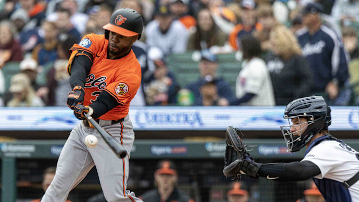 Apr 26, 2025; Detroit, Michigan, USA; Baltimore Orioles outfielder Cedric Mullins (31) swings and makes contact against the Detroit Tigers in the first inning during game one of a double header at Comerica Park. 