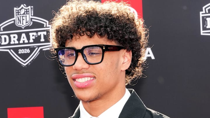 Apr 23, 2026; Pittsburgh, PA, USA; Arizona State Sun Devils receiver Jordyn Tyson poses on the red carpet before the 2026 NFL Draft at Point State Park. Mandatory Credit: Kirby Lee-Imagn Images