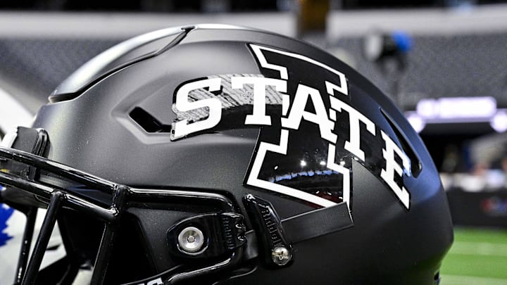 Jul 12, 2023; Arlington, TX, USA; A view of the Iowa State Cyclones helmet and logo during Big 12 football media day at AT&T Stadium. 