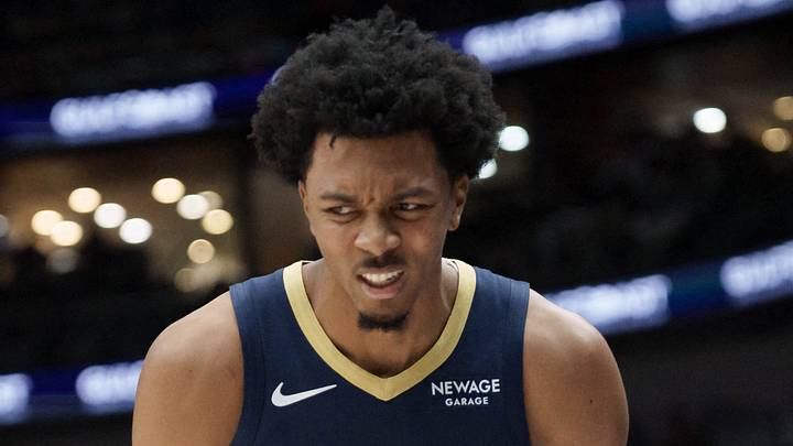 New Orleans Pelicans forward Trey Murphy III (25) reacts after banging his hand during the second half against the Washington Wizards at Smoothie King Center on March 8, 2026.