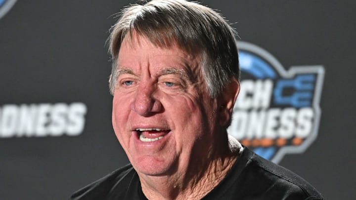 Mar 27, 2025; Spokane, WA, USA; NC State Wolfpack head coach Wes Moore talks with media during an NCAA Tournament practice session at Spokane Arena. Mandatory Credit: James Snook-Imagn Images