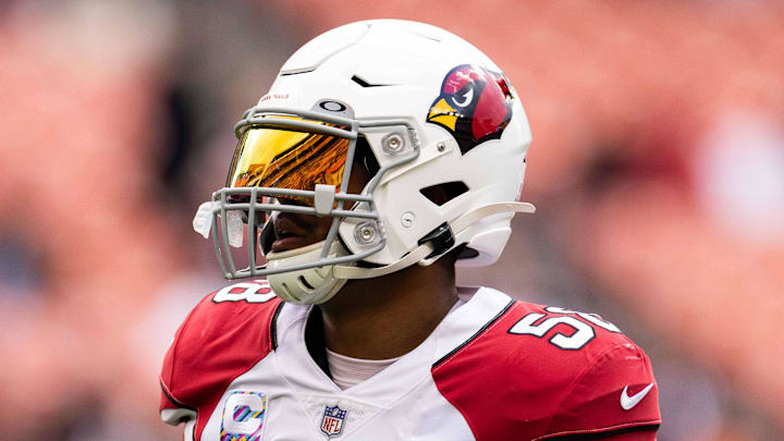Oct 17, 2021; Cleveland, Ohio, USA; Arizona Cardinals middle linebacker Jordan Hicks (58) during warmups before the game against the Cleveland Browns at FirstEnergy Stadium. Mandatory Credit: Scott Galvin-Imagn Images