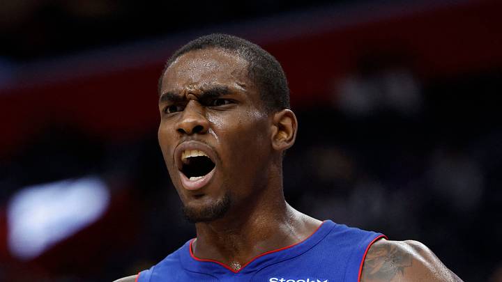 Dec 16, 2024; Detroit, Michigan, USA;  Detroit Pistons center Jalen Duren (0) reacts in the first half against the Miami Heat at Little Caesars Arena. Mandatory Credit: Rick Osentoski-Imagn Images