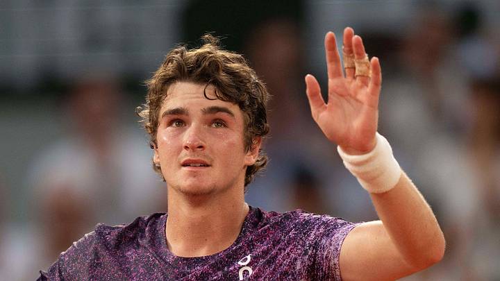 Joao Fonseca reacts to a point at Roland Garros