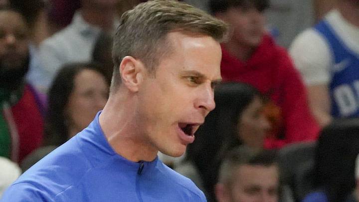 Duke Blue Devils head coach Jon Scheyer talks to a referee March 21, 2026 during the NCAA Men’s Basketball Tournament second round East Region game with TCU at the Bon Secours Wellness Arena in Greenville, South Carolina.