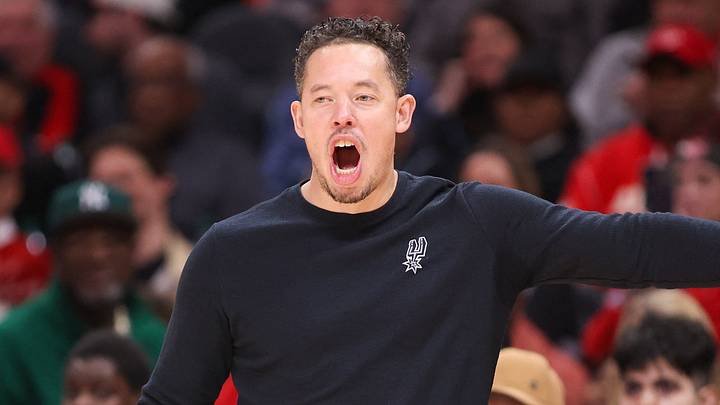 Dec 19, 2025; Atlanta, Georgia, USA; San Antonio Spurs head coach Mitch Johnson on the sideline against the Atlanta Hawks in the second half at State Farm Arena. Mandatory Credit: Brett Davis-Imagn Images