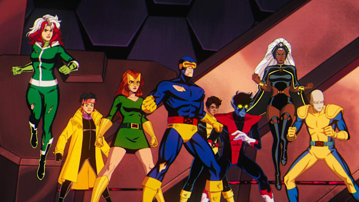 (L-R): Rogue (voiced by Lenore Zann), Jubilee (voiced by Holly Chou), Jean Grey (voiced by Jennifer Hale), Cyclops (voiced by Ray Chase), Roberto Da Costa (voiced by Gui Agustini), Nightcrawler (voiced by Adrian Hough), Storm (voiced by Alison Sealy-Smith), and Morph (voiced by JP Karliak) in Marvel Animation's X-MEN '97. Photo courtesy of Marvel Animation. © 2024 MARVEL.