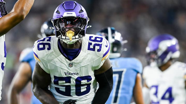 Aug 22, 2025; Nashville, Tennessee, USA;  Minnesota Vikings linebacker Austin Keys (56) celebrates a tackle for loss against the Tennessee Titan during the first half at Nissan Stadium.