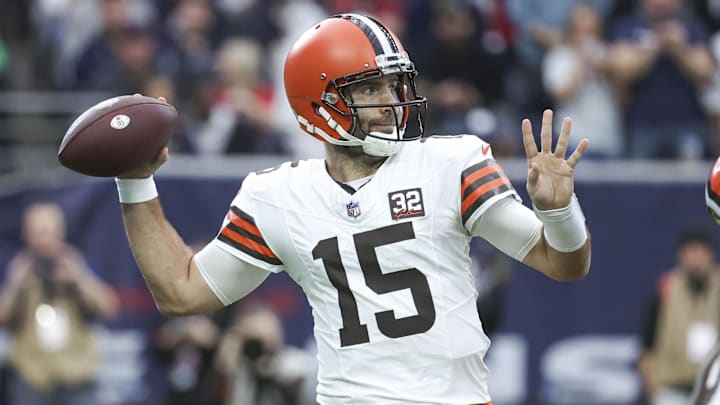 Jan 13, 2024; Houston, Texas, USA; Cleveland Browns quarterback Joe Flacco (15) in a 2024 AFC wild card game against the Houston Texans at NRG Stadium. Mandatory Credit: Troy Taormina-Imagn Images