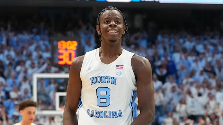 Nov 7, 2025; Chapel Hill, North Carolina, USA;  North Carolina Tar Heels forward Caleb Wilson (8) reacts in the second half at Dean E. Smith Center. Mandatory Credit: Bob Donnan-Imagn Images