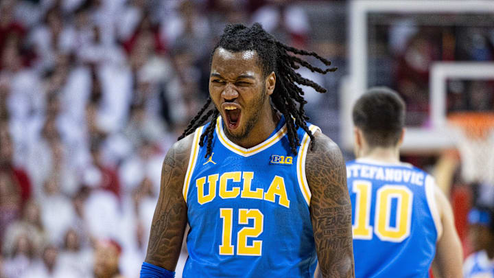 Feb 14, 2025; Bloomington, Indiana, USA; UCLA Bruins guard Sebastian Mack (12) reacts to made basket in the first half against the Indiana Hoosiers at Simon Skjodt Assembly Hall. Mandatory Credit: Trevor Ruszkowski-Imagn Images Feb 14, 2025; Bloomington, Indiana, USA; UCLA Bruins guard Sebastian Mack (12) reacts to made basket in the first half against the Indiana Hoosiers at Simon Skjodt Assembly Hall. Mandatory Credit: Trevor Ruszkowski-Imagn Images