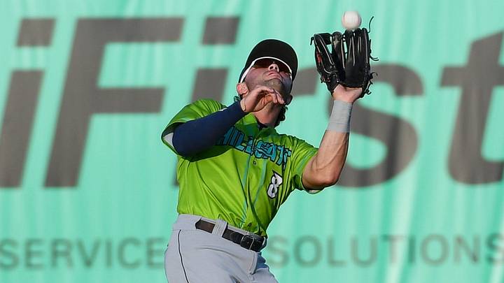 Hillcats' Ryan Cesarini (8) makes the catch against the Shorebirds Thursday, July 24, 2025, at Perdue Stadium in Salisbury, Maryland. Hillcats' Ryan Cesarini (8) makes the catch against the Shorebirds Thursday, July 24, 2025, at Perdue Stadium in Salisbury, Maryland.