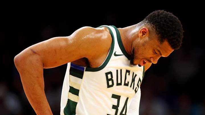 Mar 24, 2025; Phoenix, Arizona, USA; Milwaukee Bucks forward Giannis Antetokounmpo (34) reacts during the first quarter against the Phoenix Suns at Footprint Center. Mandatory Credit: Mark J. Rebilas-Imagn Images