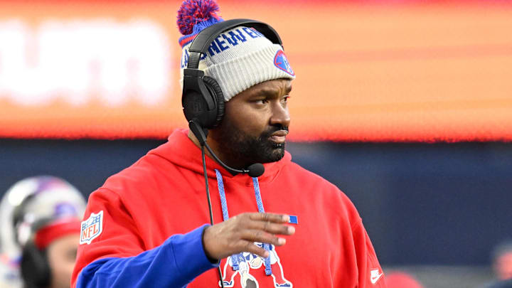 Dec 1, 2024; Foxborough, Massachusetts, USA; New England Patriots head coach Jerod Mayo looks on from the sideline during the second half against the Indianapolis Colts at Gillette Stadium. Mandatory Credit: Eric Canha-Imagn Images