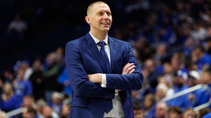 Nov 22, 2024; Lexington, Kentucky, USA; Kentucky Wildcats head coach Mark Pope smiles during the second half against the Jackson State Tigers at Rupp Arena at Central Bank Center. Mandatory Credit: Jordan Prather-Imagn Images
