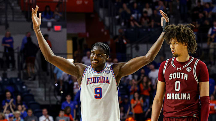 Florida Gators center Rueben Chinyelu celebrates as the team moves to 22-3 following a win over South Carolina. The Washington State transfer scored 10 points on 5-for-6 shooting in the win.
