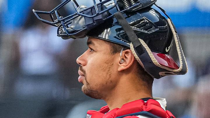 Aug 4, 2026; Cumberland, Georgia, USA; Atlanta Braves catcher Drake Baldwin (30) shown against the Miami Marlins during the first inning at Truist Park. Mandatory Credit: Dale Zanine-Imagn Images