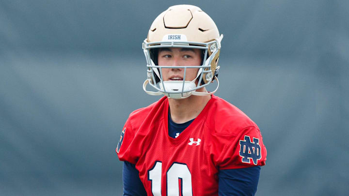 Notre Dame quarterback Tyler Buchner catches a snap during a football practice at Irish Athletic Center on Thursday, July 31, 2025, in South Bend.