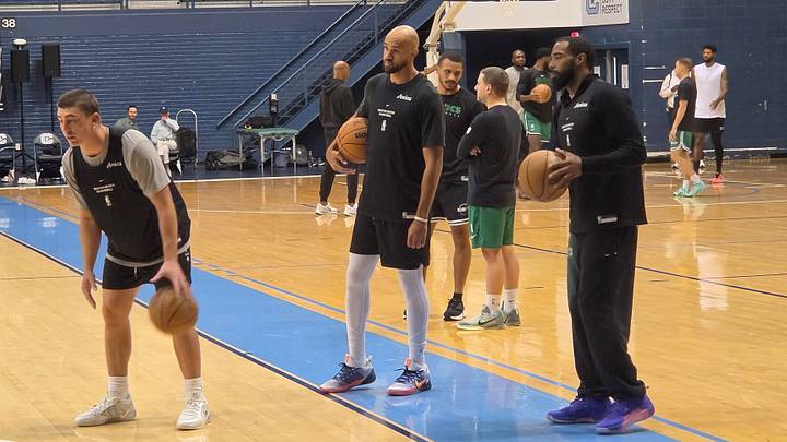 Payton Pritchard, Derrick White, and Mike Conley practice at The Citadel in Charleston, SC, with Joe Mazzulla and Paul George in the background. Payton Pritchard, Derrick White, and Mike Conley practice at The Citadel in Charleston, SC, with Joe Mazzulla and Paul George in the background.