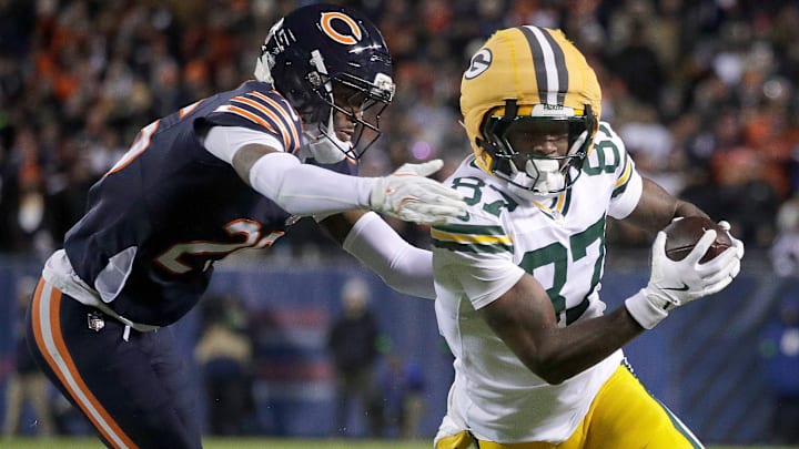 Green Bay Packers wide receiver Romeo Doubs (87) catches a pass in front of Chicago Bears cornerback Nahshon Wright (26) during their wild-card playoff football game Saturday, January 10, 2026, at Soldier Field in Chicago, Illinois. Green Bay Packers wide receiver Romeo Doubs (87) catches a pass in front of Chicago Bears cornerback Nahshon Wright (26) during their wild-card playoff football game Saturday, January 10, 2026, at Soldier Field in Chicago, Illinois.