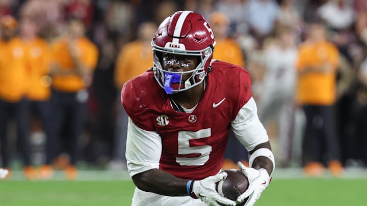 Oct 18, 2025; Tuscaloosa, Alabama, USA; Alabama Crimson Tide wide receiver Germie Bernard (5) runs with the ball in the third quarter against the Tennessee Volunteers at Saban Field at Bryant-Denny Stadium. Mandatory Credit: David Leong-Imagn Images