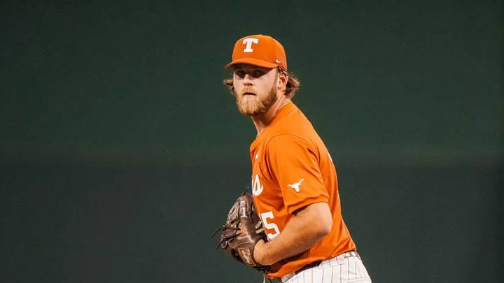 Texas freshman pitcher Sam Cozart eyes the plate in a midweek game at UFCU Disch-Falk Field in Austin, Texas.