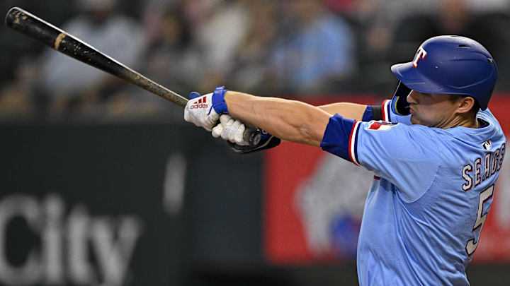 Texas Rangers shortstop Corey Seager (5) bats during the game between the Texas Rangers and the Los Angeles Dodgers