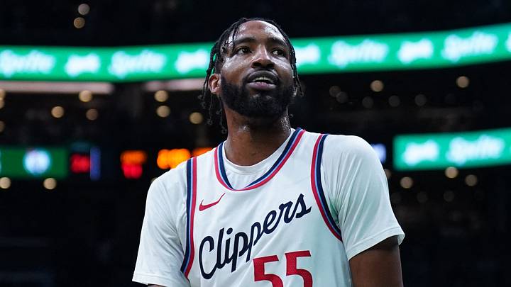 Nov 25, 2024; Boston, Massachusetts, USA; LA Clippers forward Derrick Jones Jr. (55) reacts after being called for a technical foul against the Boston Celtics in the second quarter at TD Garden. Mandatory Credit: David Butler II-Imagn Images