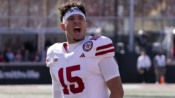 Oct 19, 2024; Bloomington, Indiana, USA; Nebraska Cornhuskers quarterback Dylan Raiola (15) performs his pregame celebration before a game against the Indiana Hoosiers at Memorial Stadium. Oct 19, 2024; Bloomington, Indiana, USA; Nebraska Cornhuskers quarterback Dylan Raiola (15) performs his pregame celebration before a game against the Indiana Hoosiers at Memorial Stadium.