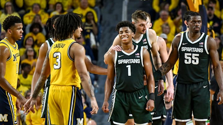 Michigan State's Jeremy Fears Jr. reacts after getting called for a foul against Michigan.