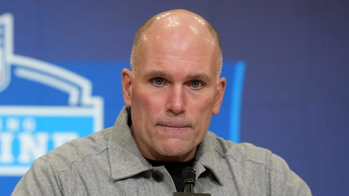 Feb 24, 2026; Indianapolis, IN, USA; Baltimore Ravens general manager Eric DeCosta speaks at the NFL Scouting Combine at the Indiana Convention Center. Mandatory Credit: Kirby Lee-Imagn Images