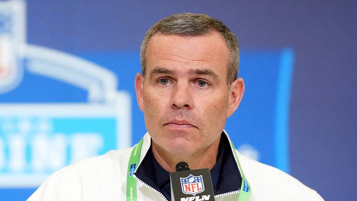 Feb 24, 2026; Indianapolis, IN, USA; Buffalo Bills general manager Brandon Beane speaks at the NFL Scouting Combine at the Indiana Convention Center. Mandatory Credit: Kirby Lee-Imagn Images