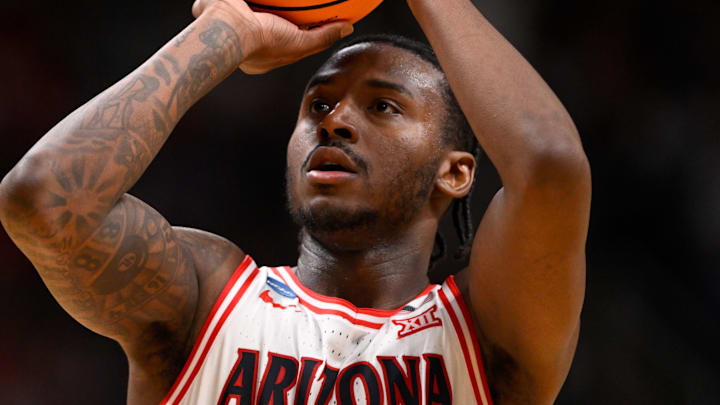 Mar 28, 2026; San Jose, CA, USA; Arizona Wildcats guard Jaden Bradley (0) shoots the ball against the Purdue Boilermakers in the first half during an Elite Eight game of the West Regional of the men's 2026 NCAA Tournament at SAP Center. Mandatory Credit: Eakin Howard-Imagn Images